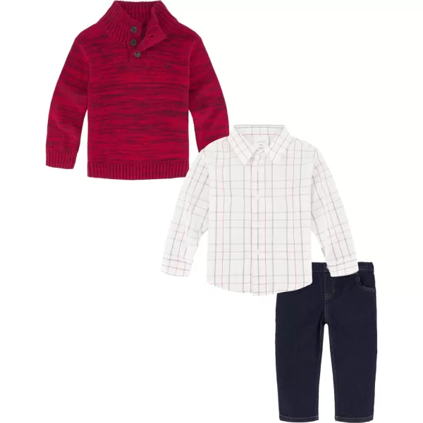 Calvin Klein Boys 3piece Sweater Set With Matching Buttondown Shirt and PantsRed Marled