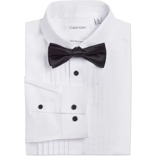 Calvin Klein Boys Long Sleeve Tuxedo Dress Shirt with Bow Tie ButtonDown Style with Classic Pleated Bib Matching HankyWhite