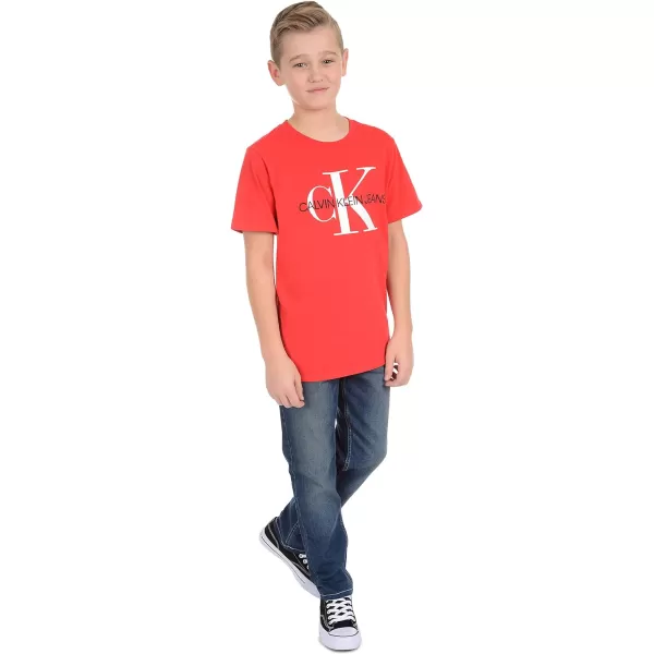 Calvin Klein Boys Short Sleeve Logo Crew Neck TShirt Soft Comfortable Relaxed FitRacing Red