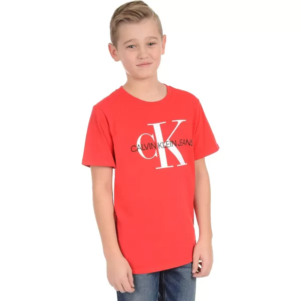 Calvin Klein Boys Short Sleeve Logo Crew Neck TShirt Soft Comfortable Relaxed FitRacing Red