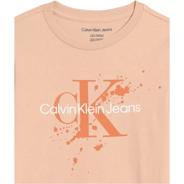 Calvin Klein Boys Short Sleeve Logo Crew Neck TShirt Soft Comfortable Relaxed FitSplatter Tan