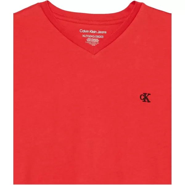 Calvin Klein Boys Short Sleeve Solid VNeck TShirt Soft Comfortable Relaxed FitRacing Red