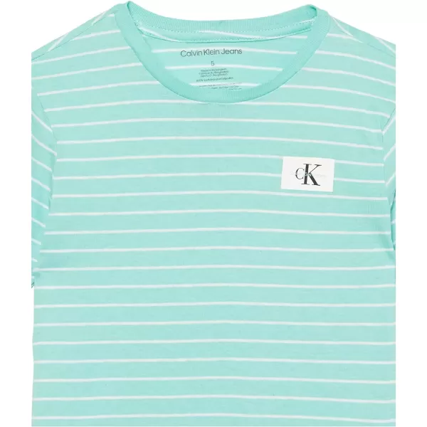 Calvin Klein Boys Short Sleeve Striped Crew Neck TShirt Soft Comfortable Relaxed FitLinear Seafoam