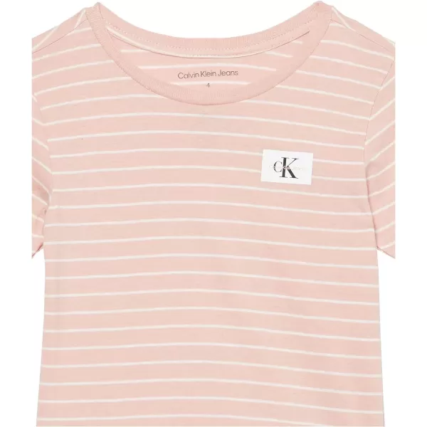 Calvin Klein Boys Short Sleeve Striped Crew Neck TShirt Soft Comfortable Relaxed FitLinear Silver Pink