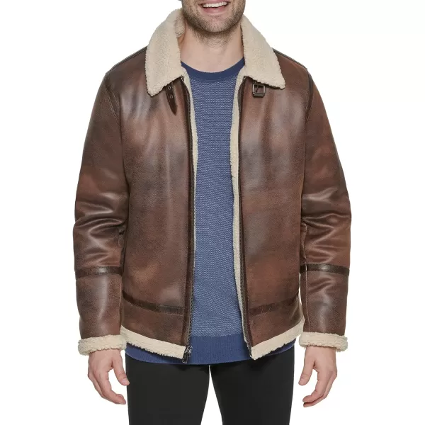 Calvin Klein Faux Leather MenBomber Jacket with Shearling LiningBrown