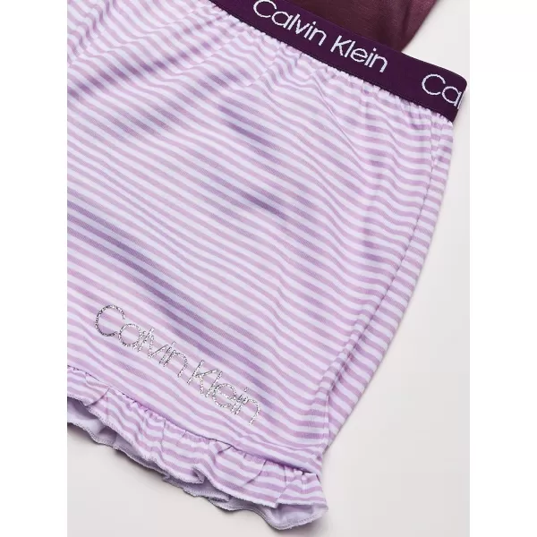 Calvin Klein Girls 2 Piece Sleepwear TShirt and Shorts Pajama Set PjLogo PurpleLilac Mini Stripe