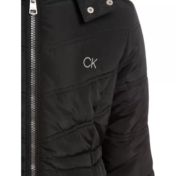 Calvin Klein Girls Hooded Winter Puffer Jacket FullLength Heavy Weight Coat with Fleece LiningBlack Aerial