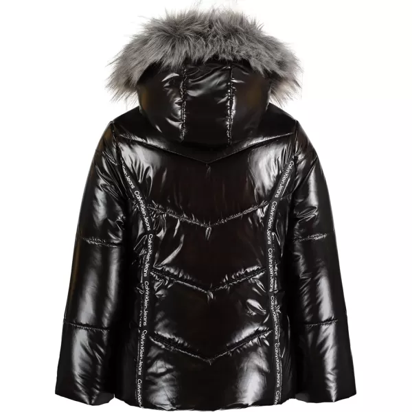 Calvin Klein Girls Hooded Winter Puffer Jacket FullLength Heavy Weight Coat with Fleece LiningBlack Logo Tape