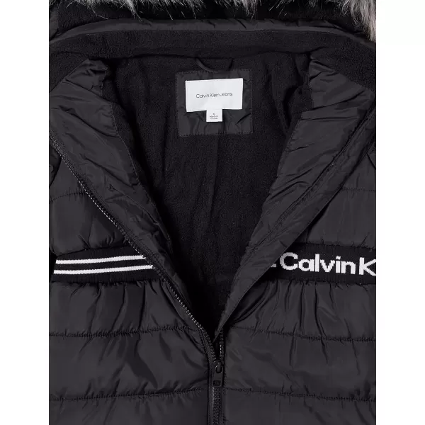 Calvin Klein Girls Hooded Winter Puffer Jacket FullLength Heavy Weight Coat with Fleece LiningBlack Logo Waist