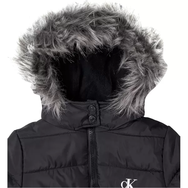 Calvin Klein Girls Hooded Winter Puffer Jacket FullLength Heavy Weight Coat with Fleece LiningBlack Logo Waist