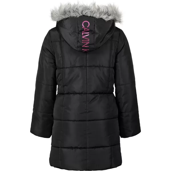 Calvin Klein Girls Hooded Winter Puffer Jacket FullLength Heavy Weight Coat with Fleece LiningBlack Metallic