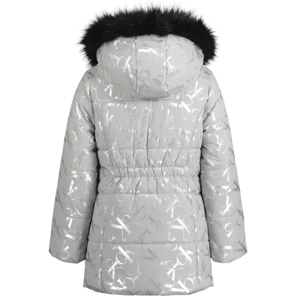 Calvin Klein Girls Hooded Winter Puffer Jacket FullLength Heavy Weight Coat with Fleece LiningHarbor Mist Gloss