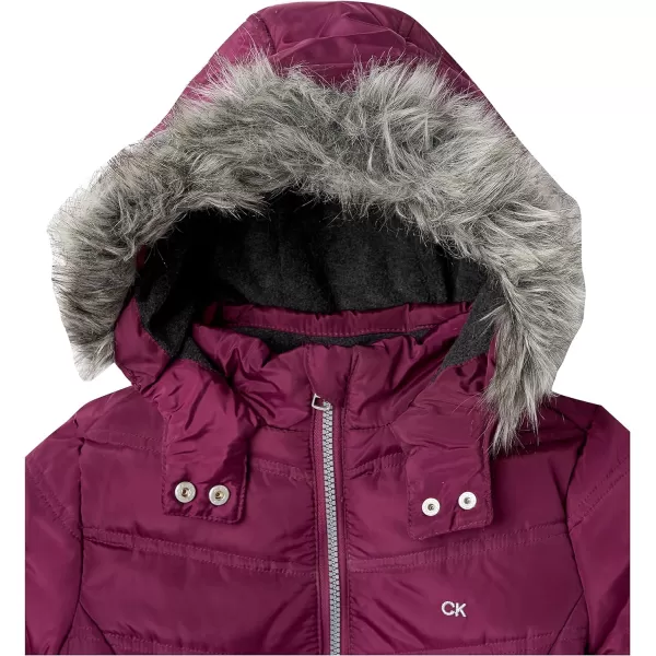 Calvin Klein Girls Hooded Winter Puffer Jacket FullLength Heavy Weight Coat with Fleece LiningPlum Caspia