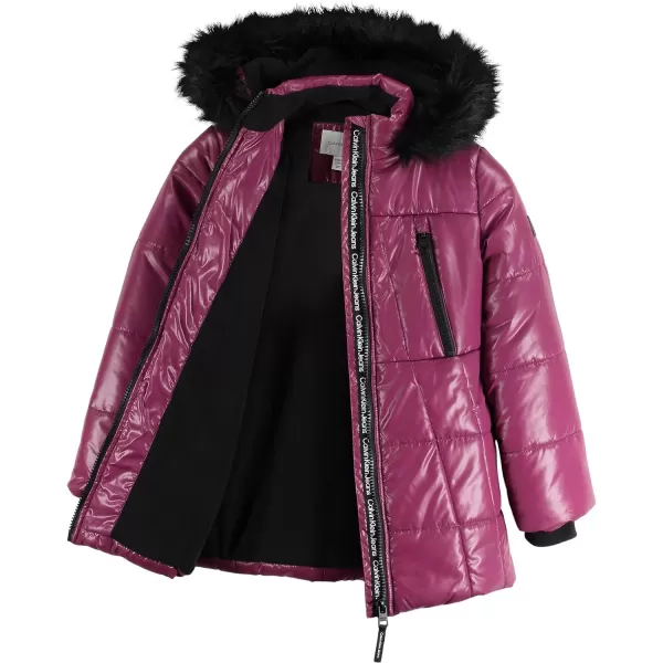 Calvin Klein Girls Hooded Winter Puffer Jacket FullLength Heavy Weight Coat with Fleece LiningPlum Caspia Sport