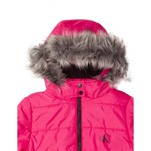 Calvin Klein Girls Hooded Winter Puffer Jacket FullLength Heavy Weight Coat with Fleece LiningRasberry Logo Waist