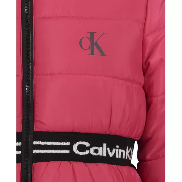 Calvin Klein Girls Hooded Winter Puffer Jacket FullLength Heavy Weight Coat with Fleece LiningRasberry Logo Waist