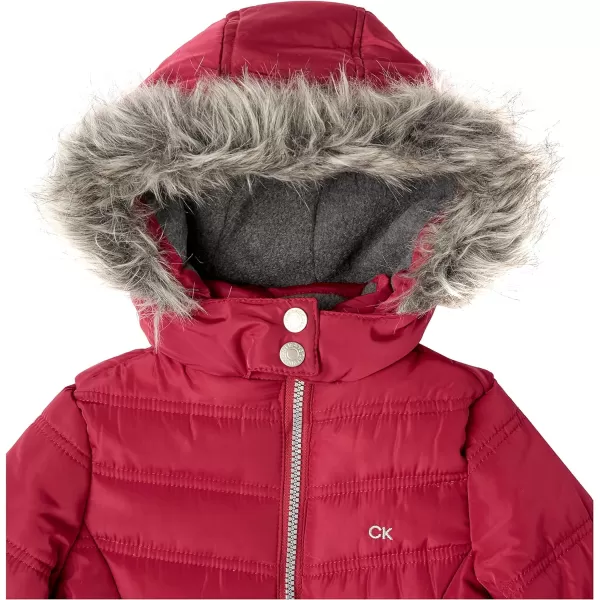 Calvin Klein Girls Hooded Winter Puffer Jacket FullLength Heavy Weight Coat with Fleece LiningRedberry Aerial