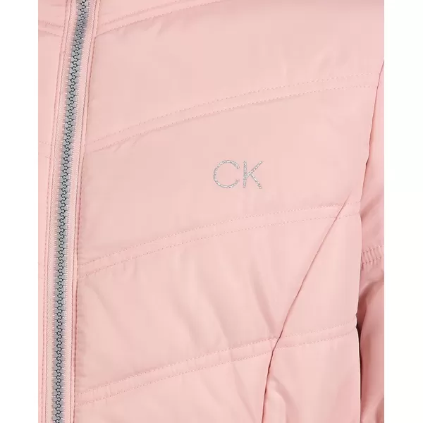 Calvin Klein Girls Hooded Winter Puffer Jacket FullLength Heavy Weight Coat with Fleece LiningSilver Pink