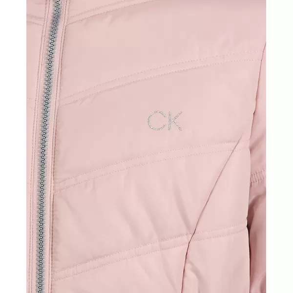 Calvin Klein Girls Hooded Winter Puffer Jacket FullLength Heavy Weight Coat with Fleece LiningSilver Pink 697