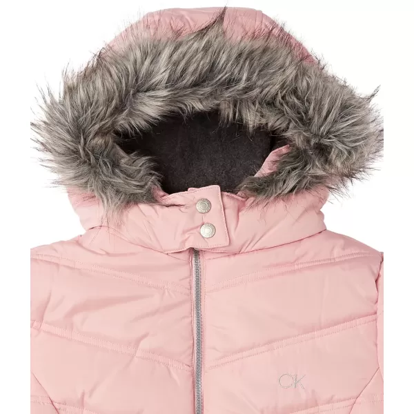 Calvin Klein Girls Hooded Winter Puffer Jacket FullLength Heavy Weight Coat with Fleece LiningSilver Pink 697