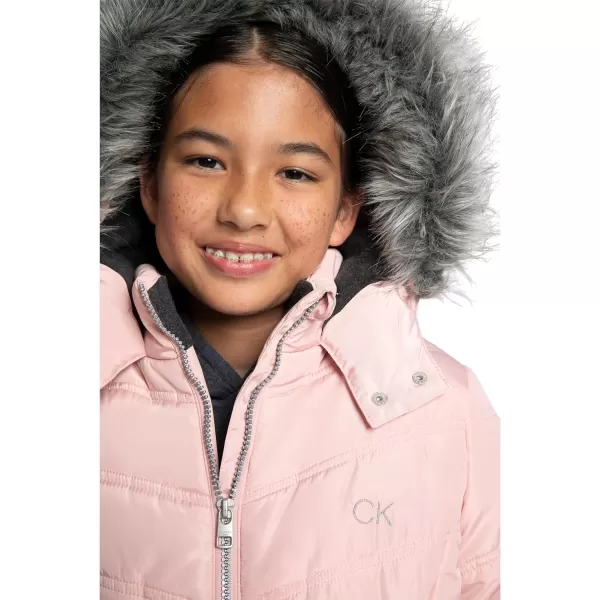 Calvin Klein Girls Hooded Winter Puffer Jacket FullLength Heavy Weight Coat with Fleece LiningSilver Pink