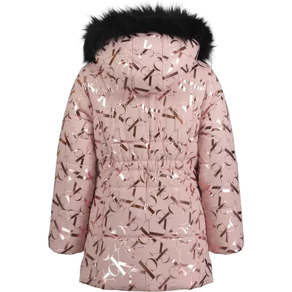 Calvin Klein Girls Hooded Winter Puffer Jacket FullLength Heavy Weight Coat with Fleece LiningSilver Pink Gloss
