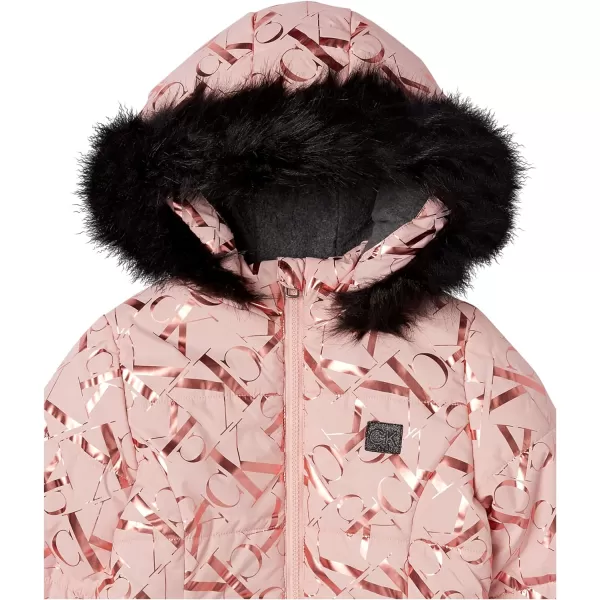 Calvin Klein Girls Hooded Winter Puffer Jacket FullLength Heavy Weight Coat with Fleece LiningSilver Pink Gloss