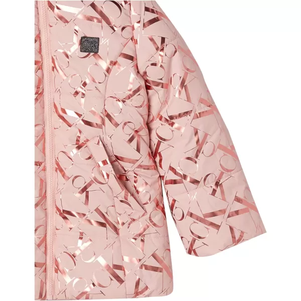 Calvin Klein Girls Hooded Winter Puffer Jacket FullLength Heavy Weight Coat with Fleece LiningSilver Pink Gloss