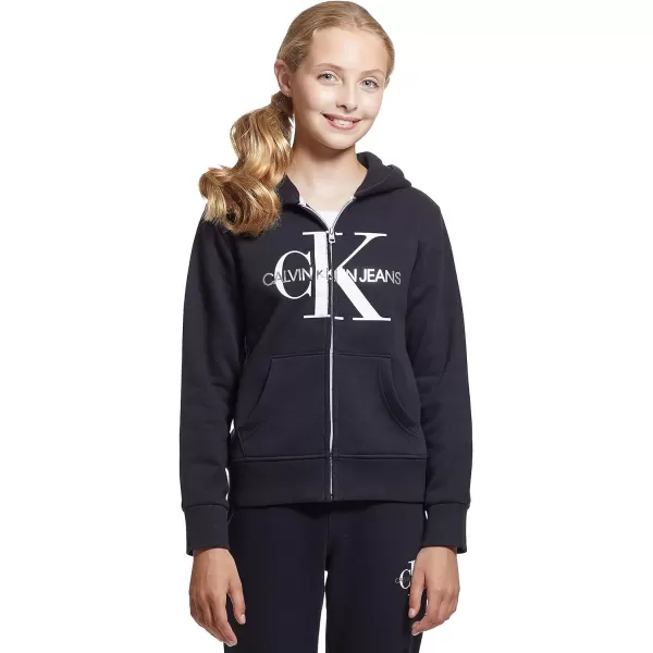 Calvin Klein Girls Logo Sweatshirt Fleece Hoodie with FullZip Front amp Functional PocketsBlack Monogram