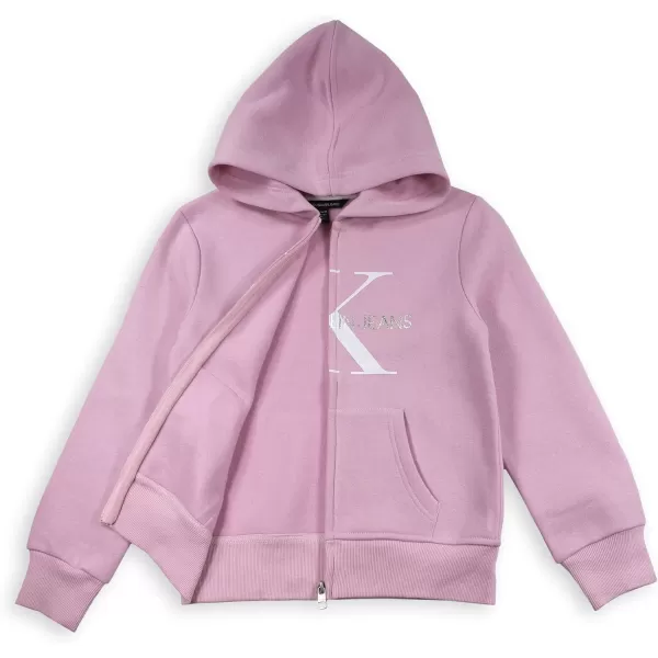 Calvin Klein Girls Logo Sweatshirt Fleece Hoodie with FullZip Front amp Functional PocketsHoneysuckle Mono