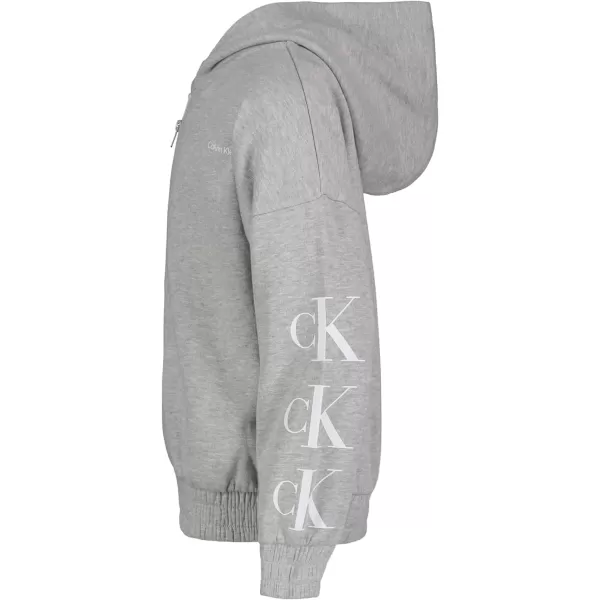 Calvin Klein Girls Logo Sweatshirt Fleece Hoodie with FullZip Front amp Functional PocketsLight Grey Zip