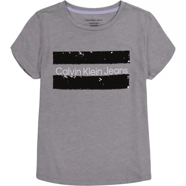 Calvin Klein Girls Short Sleeve Cotton TShirt with Flip Sequin Design amp Tagless InteriorGrey Block