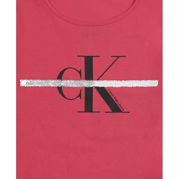 Calvin Klein Girls Short Sleeve Cotton TShirt with Flip Sequin Design amp Tagless InteriorHoneysuckle Stripe