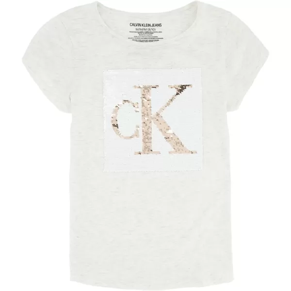 Calvin Klein Girls Short Sleeve Cotton TShirt with Flip Sequin Design amp Tagless InteriorOatmeal Pop