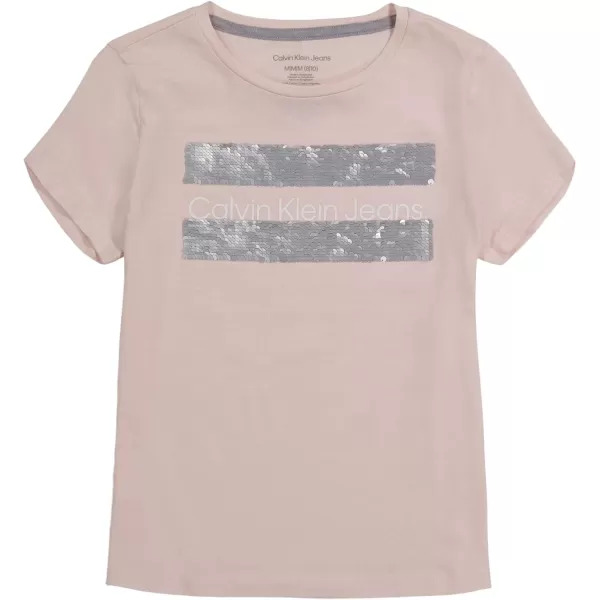 Calvin Klein Girls Short Sleeve Cotton TShirt with Flip Sequin Design amp Tagless InteriorPink Block