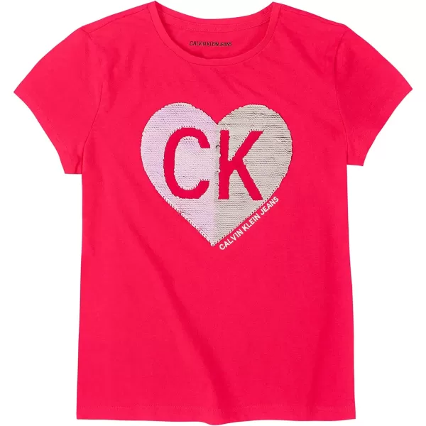 Calvin Klein Girls Short Sleeve Cotton TShirt with Flip Sequin Design amp Tagless InteriorRasberry Smile