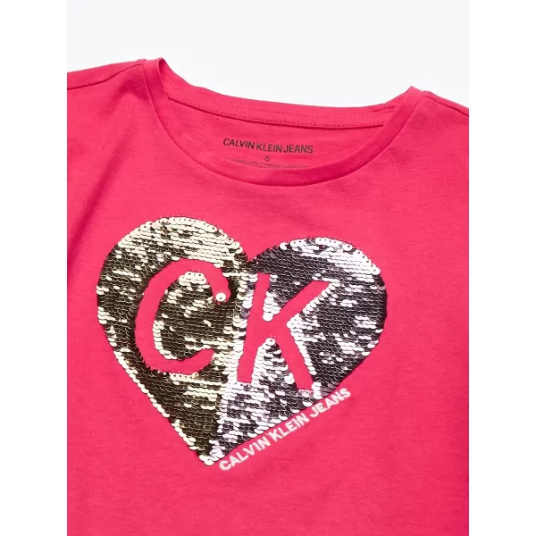 Calvin Klein Girls Short Sleeve Cotton TShirt with Flip Sequin Design amp Tagless InteriorRasberry Smile