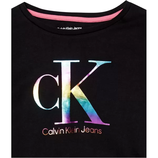 Calvin Klein Girls Short Sleeve Jersey Dress With Elastic Cinched WaistBlack Rainbow
