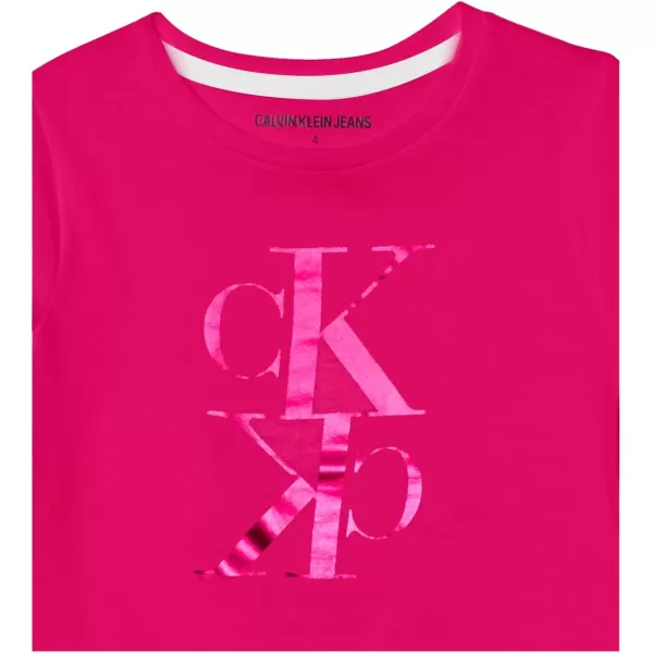 Calvin Klein Girls Short Sleeve Logo TShirt Comfortable Fit Cotton Tee with Tagless InteriorPink Poppy Mirror