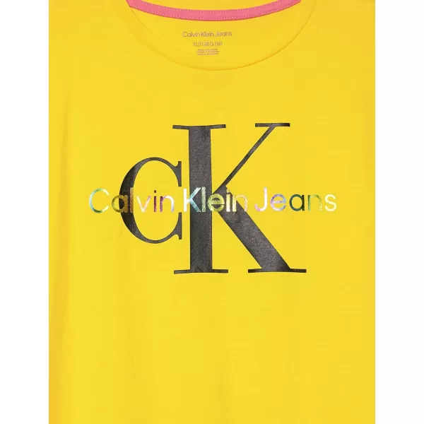 Calvin Klein Girls Short Sleeve Logo TShirt Comfortable Fit Cotton Tee with Tagless InteriorYellow Rainbow