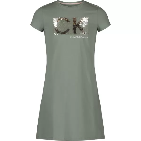 Calvin Klein Girls Short Sleeve TShirt Dress Pullover Style with CrewNeck Neckline Logo DetailingGreen Bay Sequins