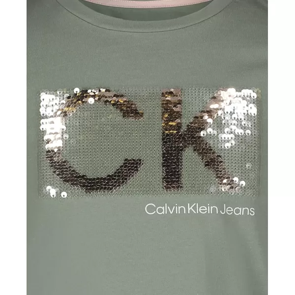 Calvin Klein Girls Short Sleeve TShirt Dress Pullover Style with CrewNeck Neckline Logo DetailingGreen Bay Sequins