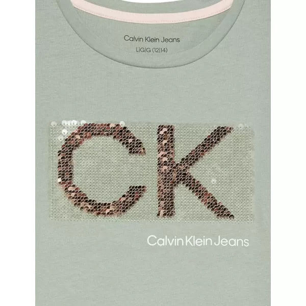 Calvin Klein Girls Short Sleeve TShirt Dress Pullover Style with CrewNeck Neckline Logo DetailingGreen Bay Sequins