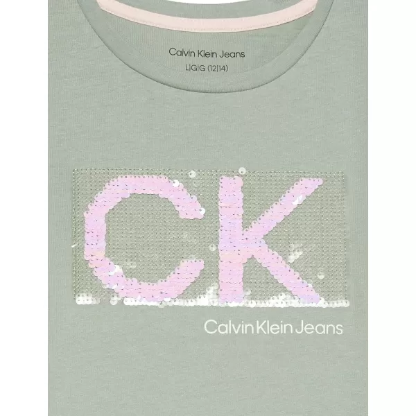 Calvin Klein Girls Short Sleeve TShirt Dress Pullover Style with CrewNeck Neckline Logo DetailingGreen Bay Sequins