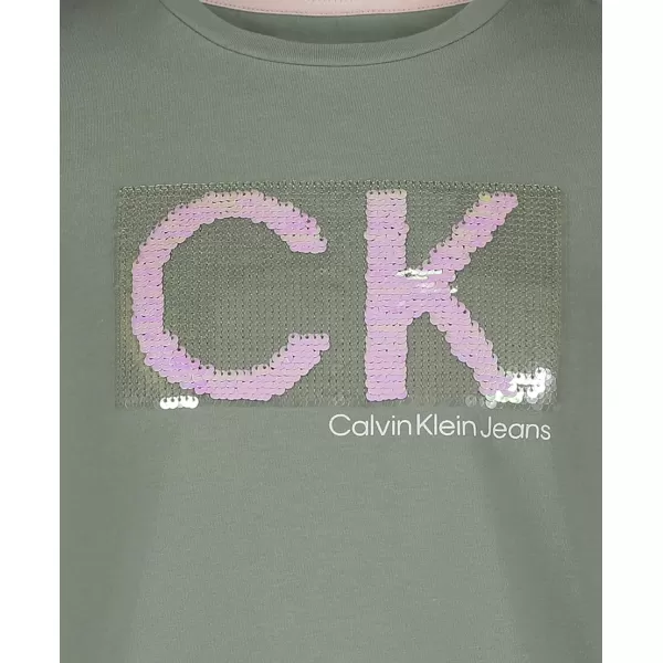 Calvin Klein Girls Short Sleeve TShirt Dress Pullover Style with CrewNeck Neckline Logo DetailingGreen Bay Sequins