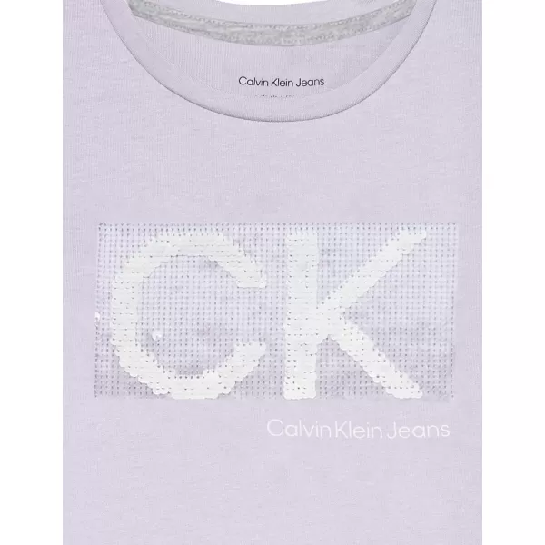 Calvin Klein Girls Short Sleeve TShirt Dress Pullover Style with CrewNeck Neckline Logo DetailingLavender Sequins