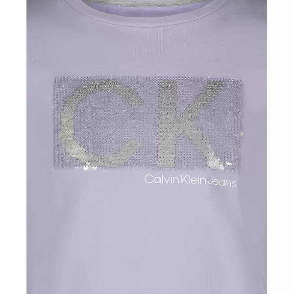 Calvin Klein Girls Short Sleeve TShirt Dress Pullover Style with CrewNeck Neckline Logo DetailingLavender Sequins