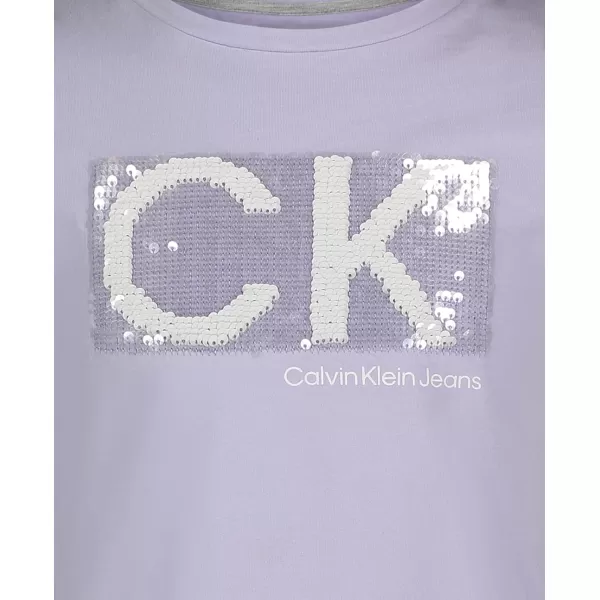 Calvin Klein Girls Short Sleeve TShirt Dress Pullover Style with CrewNeck Neckline Logo DetailingLavender Sequins