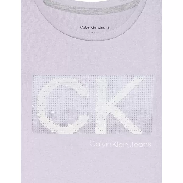 Calvin Klein Girls Short Sleeve TShirt Dress Pullover Style with CrewNeck Neckline Logo DetailingLavender Sequins
