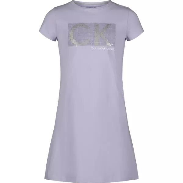 Calvin Klein Girls Short Sleeve TShirt Dress Pullover Style with CrewNeck Neckline Logo DetailingLavender Sequins